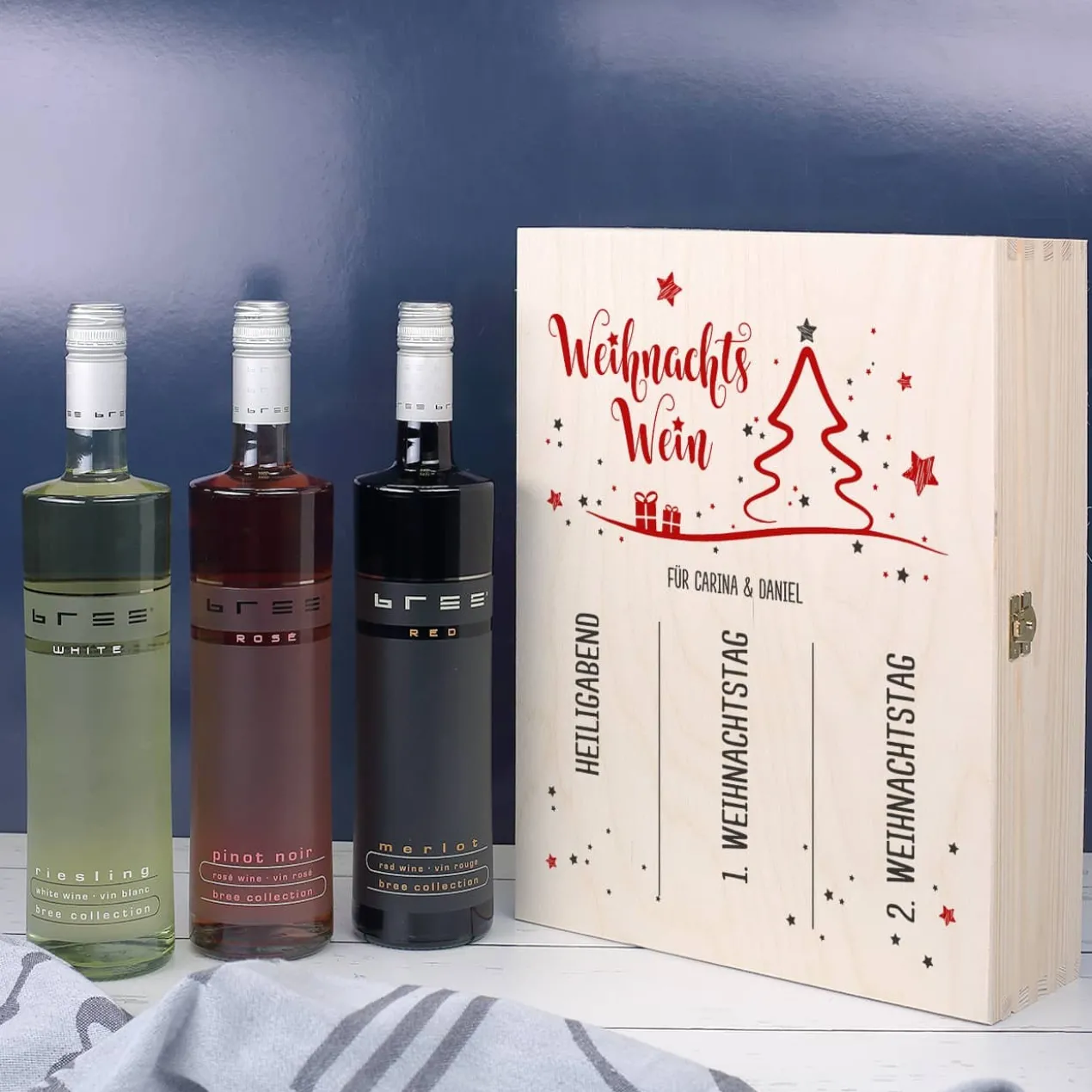 Weihnachtswein in edler Holzbox mit persönlichem Aufdruck