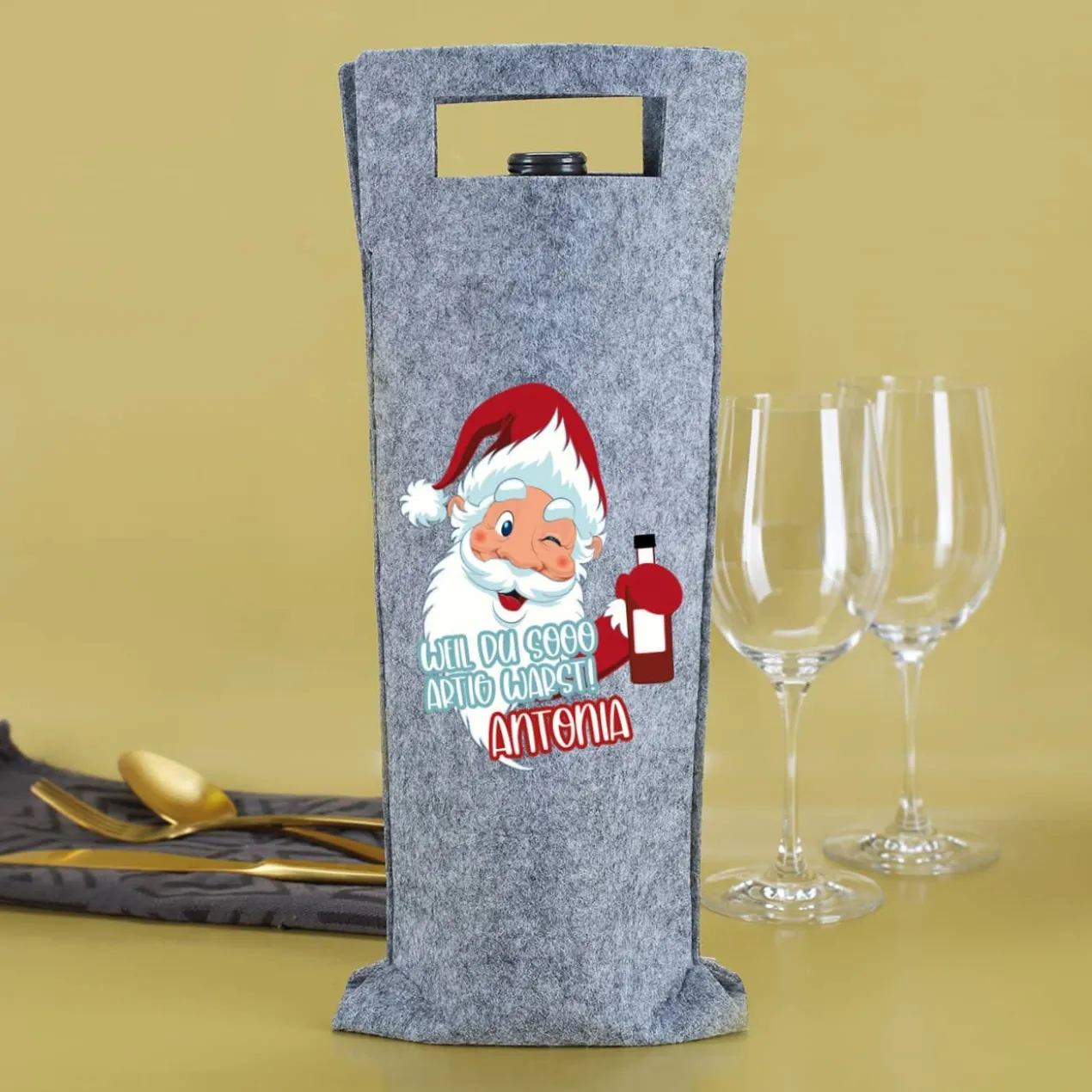 Weil du sooo artig warst! - Flaschentasche aus Filz mit Namensaufdruck zu Weihnachten