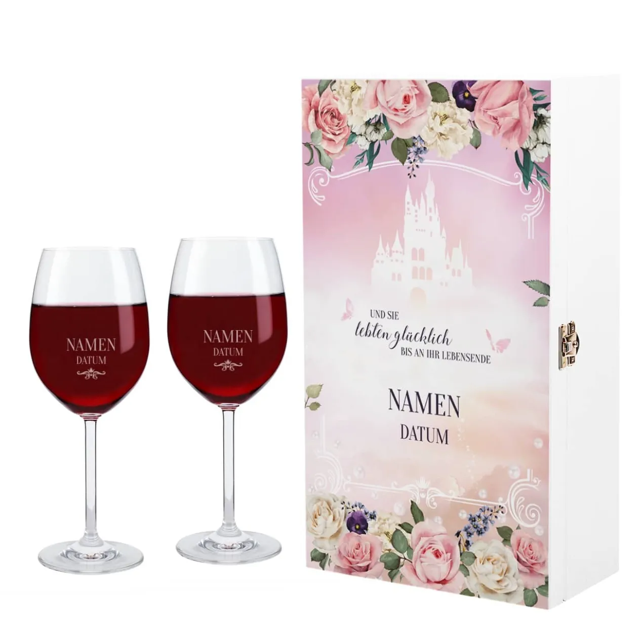 Weinbox zur Märchenhochzeit mit zwei gravierten Weingläsern