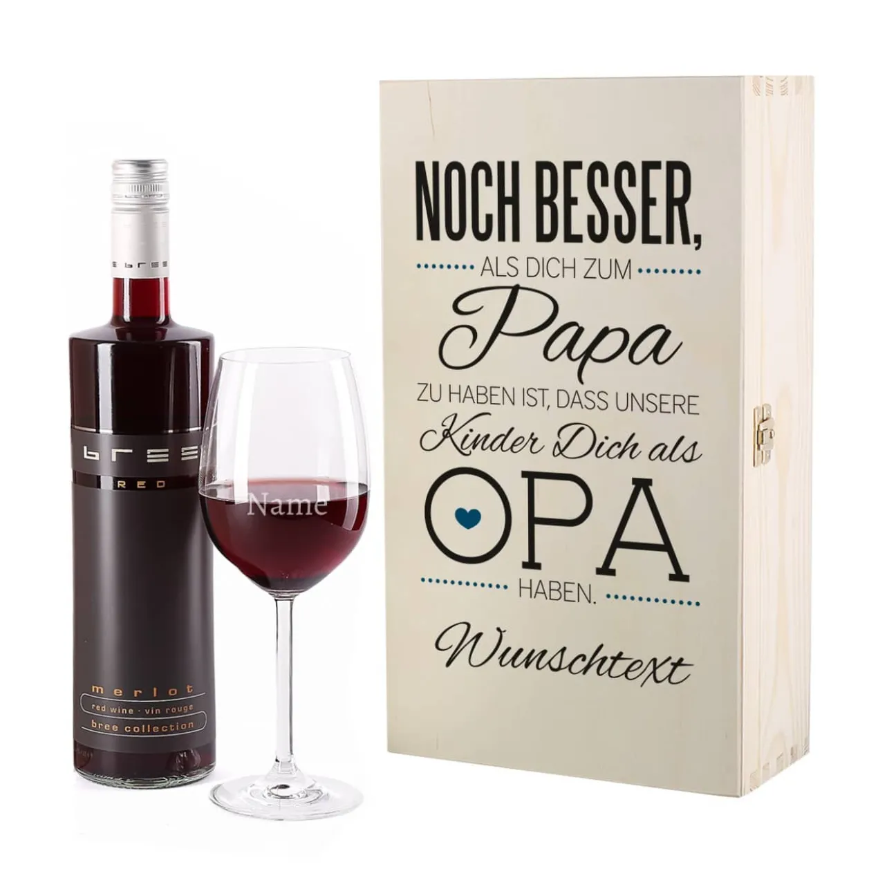 Weinflasche mit graviertem Glas und Holzbox für den besten Opa