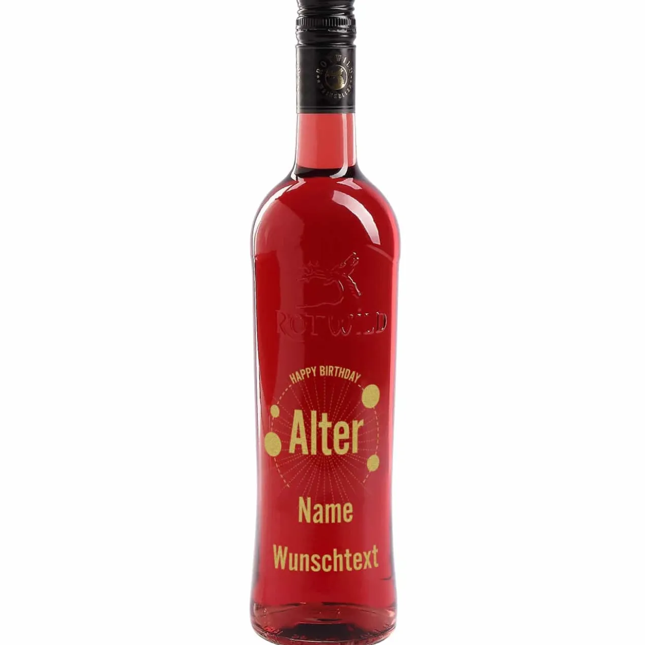 Weinflasche mit Namensgravur, Alter und Wunschtext zum Geburtstag
