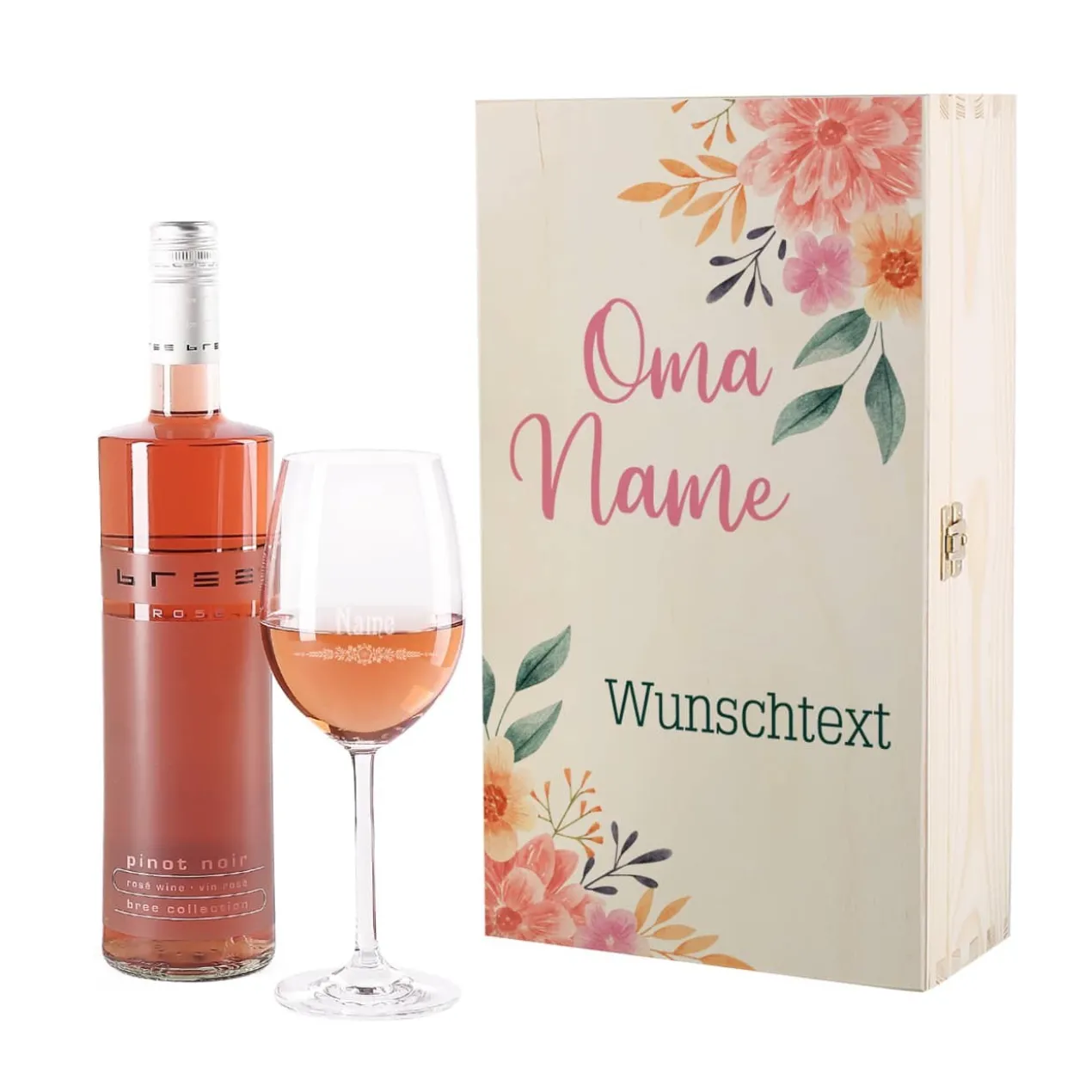 Wein-Geschenkset für die Oma mit Holzbox, Weinglas und BREE Weinflasche