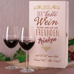 Weingeschenkset für Freunde mit Holzbox und zwei Weingläsern
