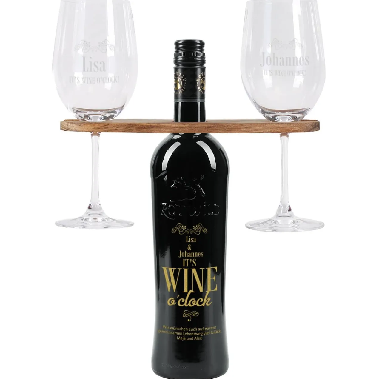 Weingeschenk Set - It`s Wine o`clock! - mit gravierter Weinflasche, Weingläsern und Weinbutler