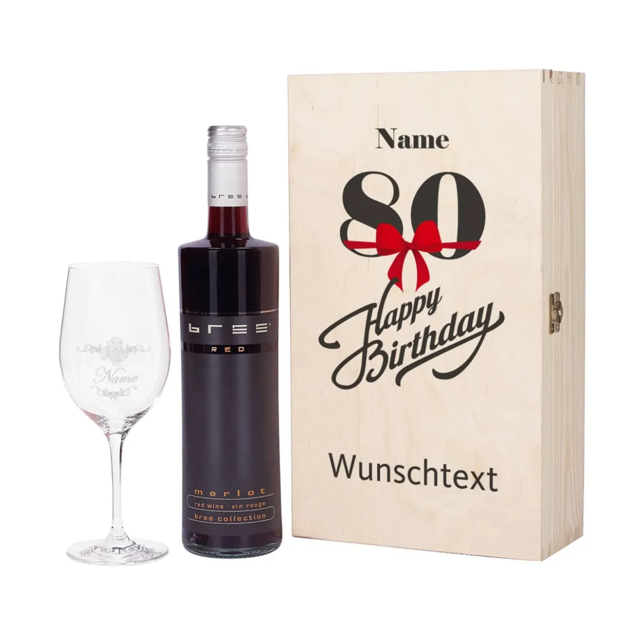 Weingeschenkset zum 80. Geburtstag mit graviertem Weinglas und Flasche in bedruckter Holzbox