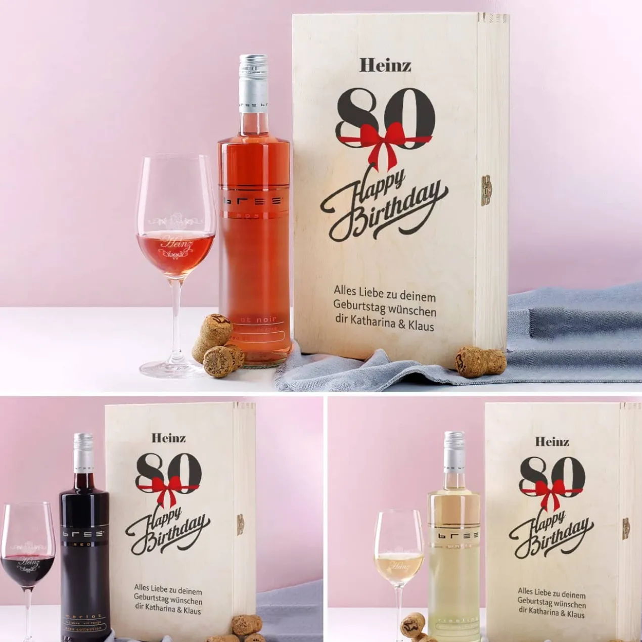 Weingeschenkset zum 80. Geburtstag mit graviertem Weinglas und Flasche in bedruckter Holzbox