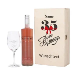 Wein - Geschenkset zum 35. Geburtstag mit graviertem Glas und Flasche