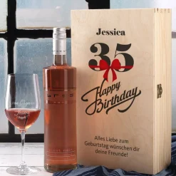 Wein - Geschenkset zum 35. Geburtstag mit graviertem Glas und Flasche