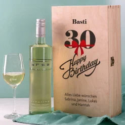 Wein - Geschenkset zum 30. Geburtstag aus Glas und Flasche in persönlicher Holzbox