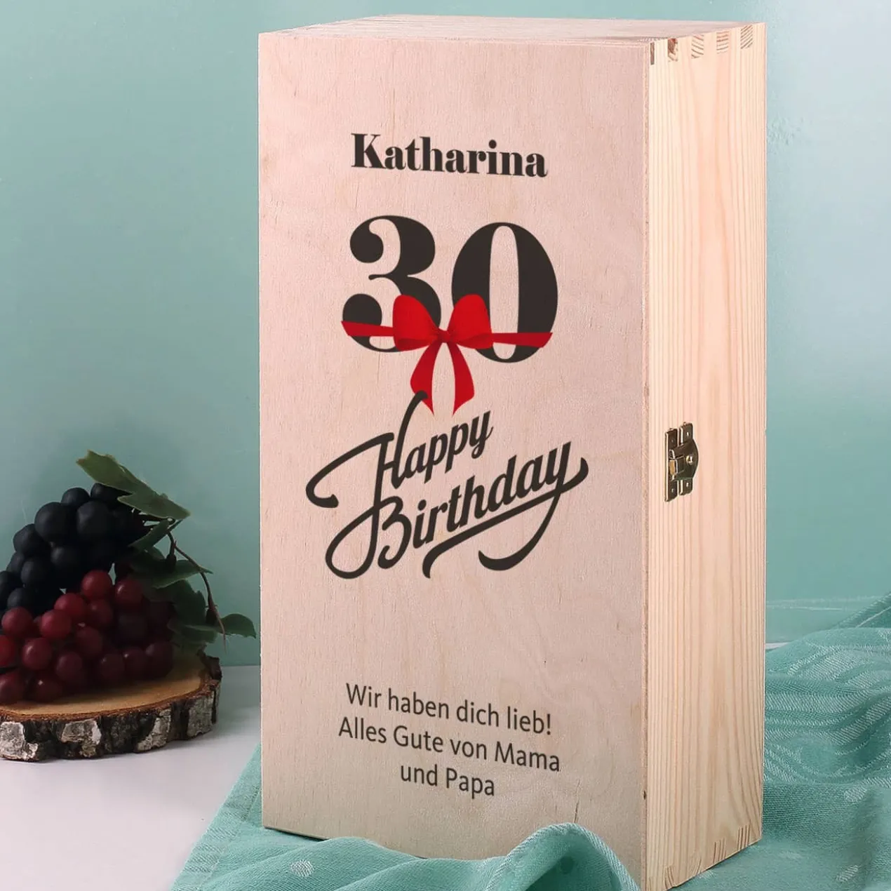 Wein - Geschenkset zum 30. Geburtstag aus Glas und Flasche in persönlicher Holzbox