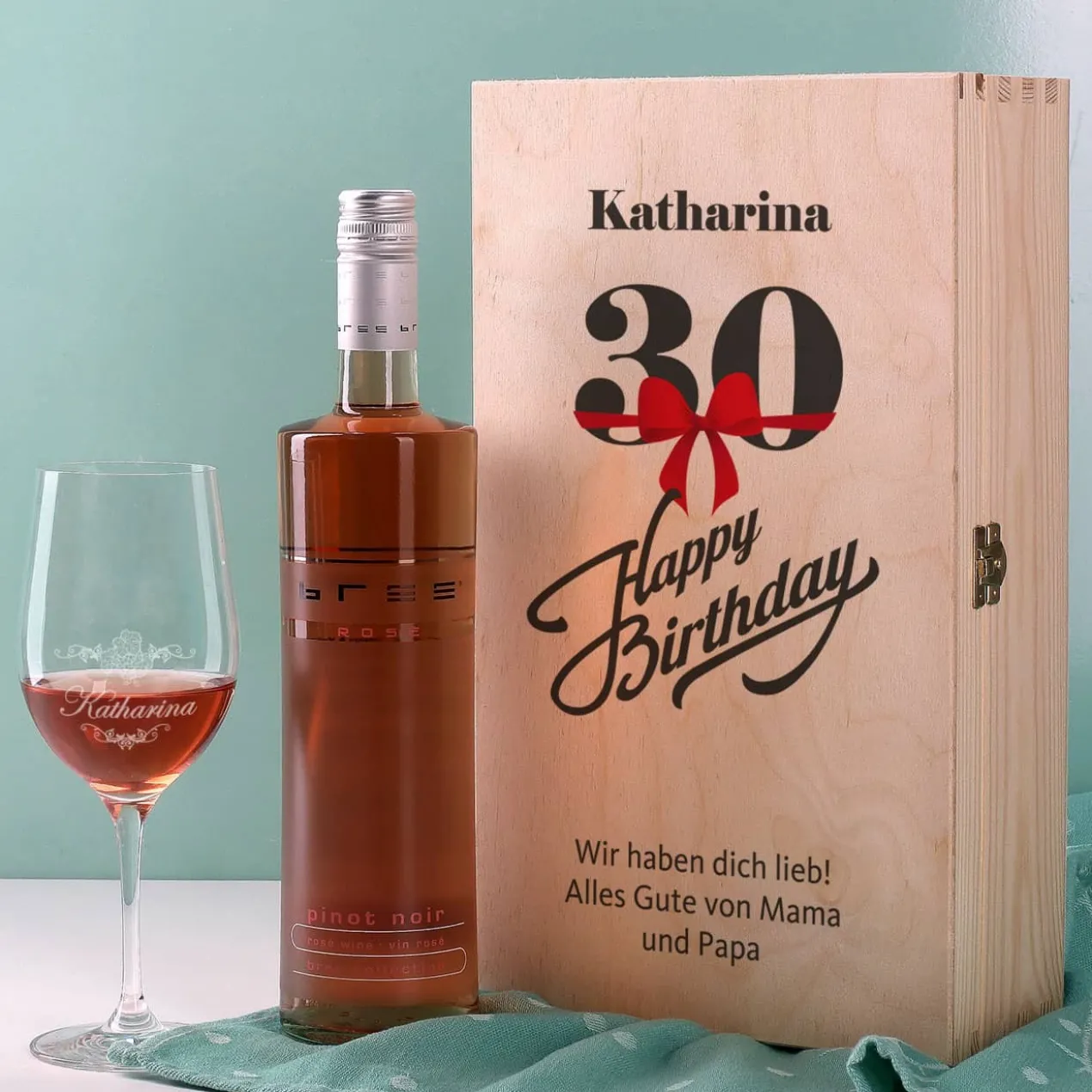 Wein - Geschenkset zum 30. Geburtstag aus Glas und Flasche in persönlicher Holzbox