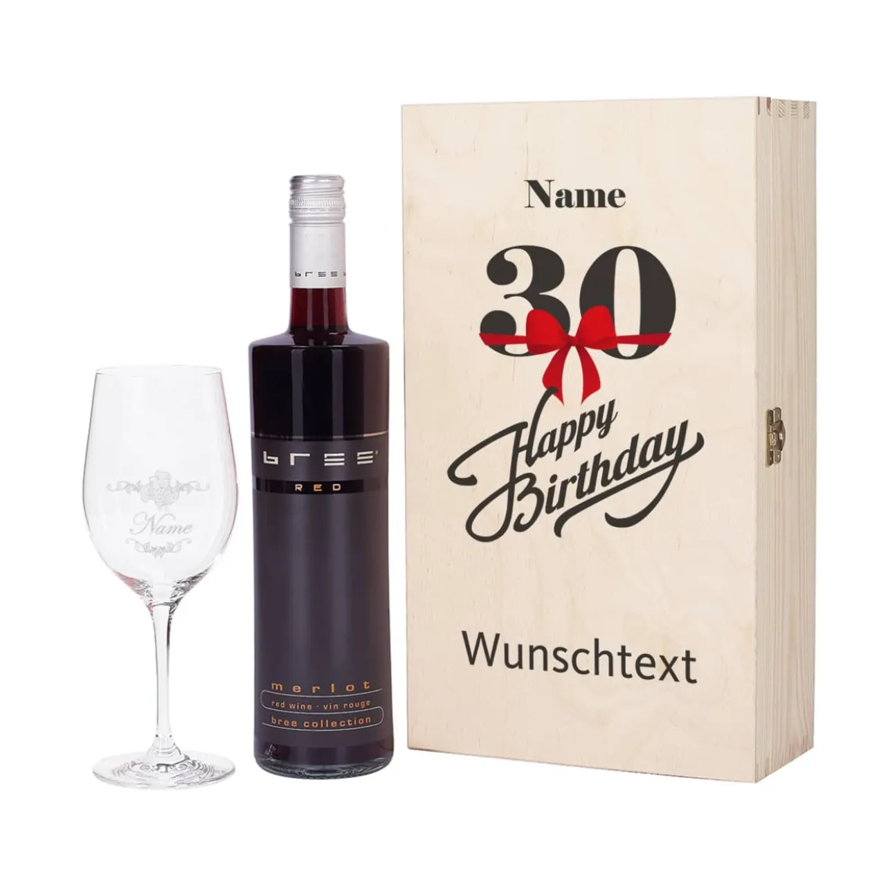 Wein - Geschenkset zum 30. Geburtstag aus Glas und Flasche in persönlicher Holzbox