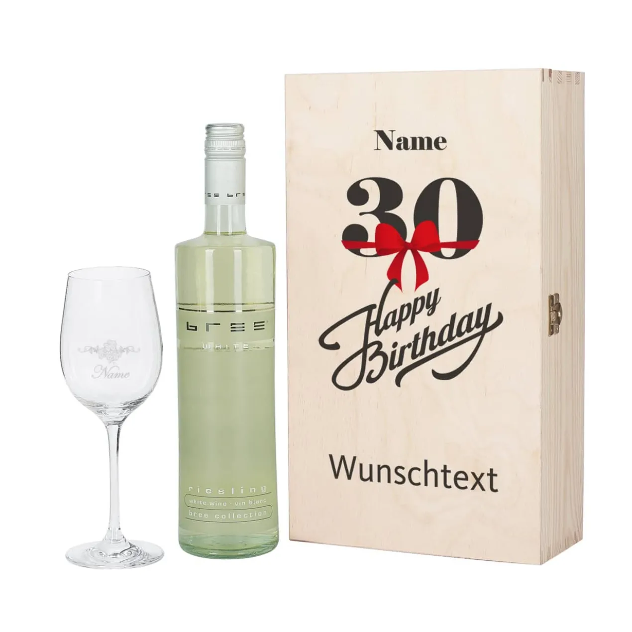 Wein - Geschenkset zum 30. Geburtstag aus Glas und Flasche in persönlicher Holzbox