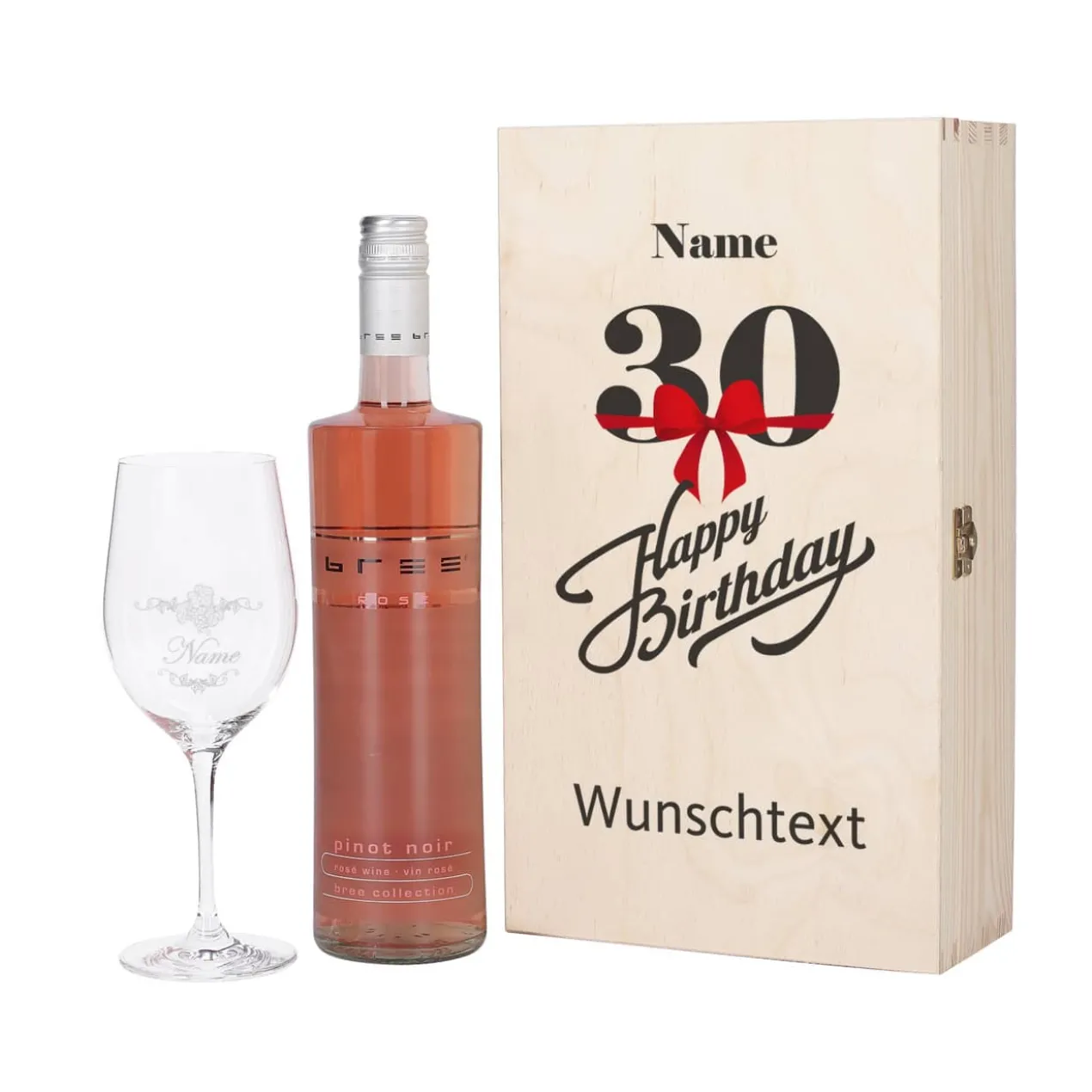 Wein - Geschenkset zum 30. Geburtstag aus Glas und Flasche in persönlicher Holzbox