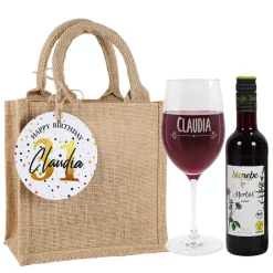 Wein Geschenkset zum Geburtstag mit Weinglas, Wein und Jutetüte