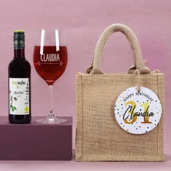 Wein Geschenkset zum Geburtstag mit Weinglas, Wein und Jutetüte