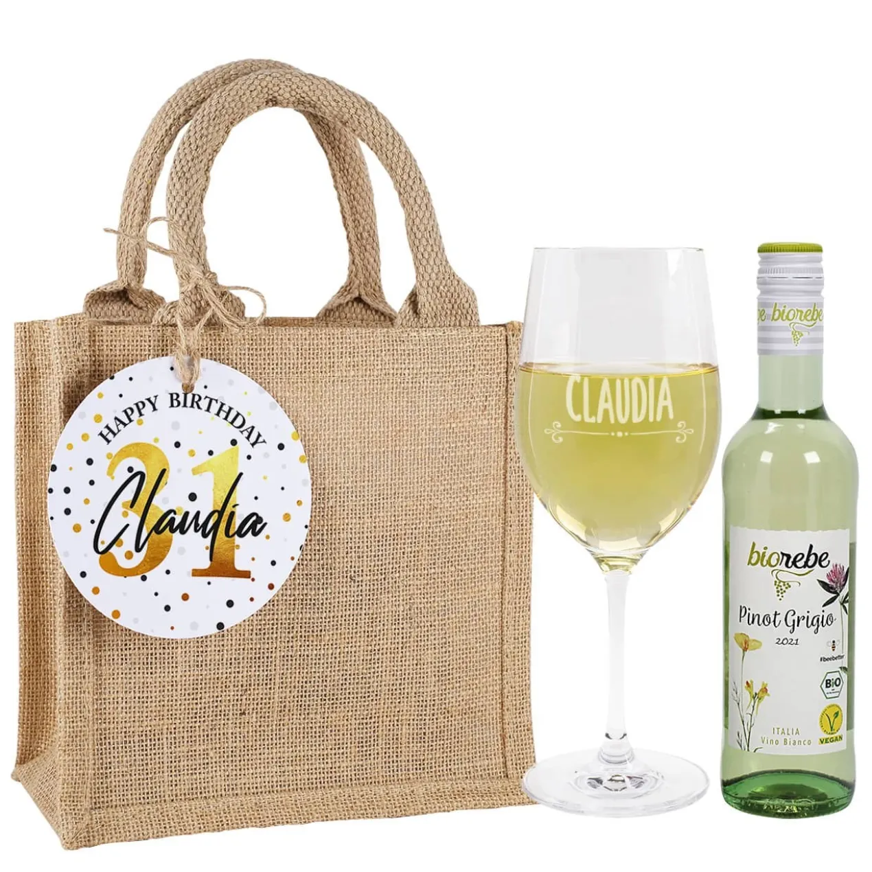 Wein Geschenkset zum Geburtstag mit Weinglas, Wein und Jutetüte