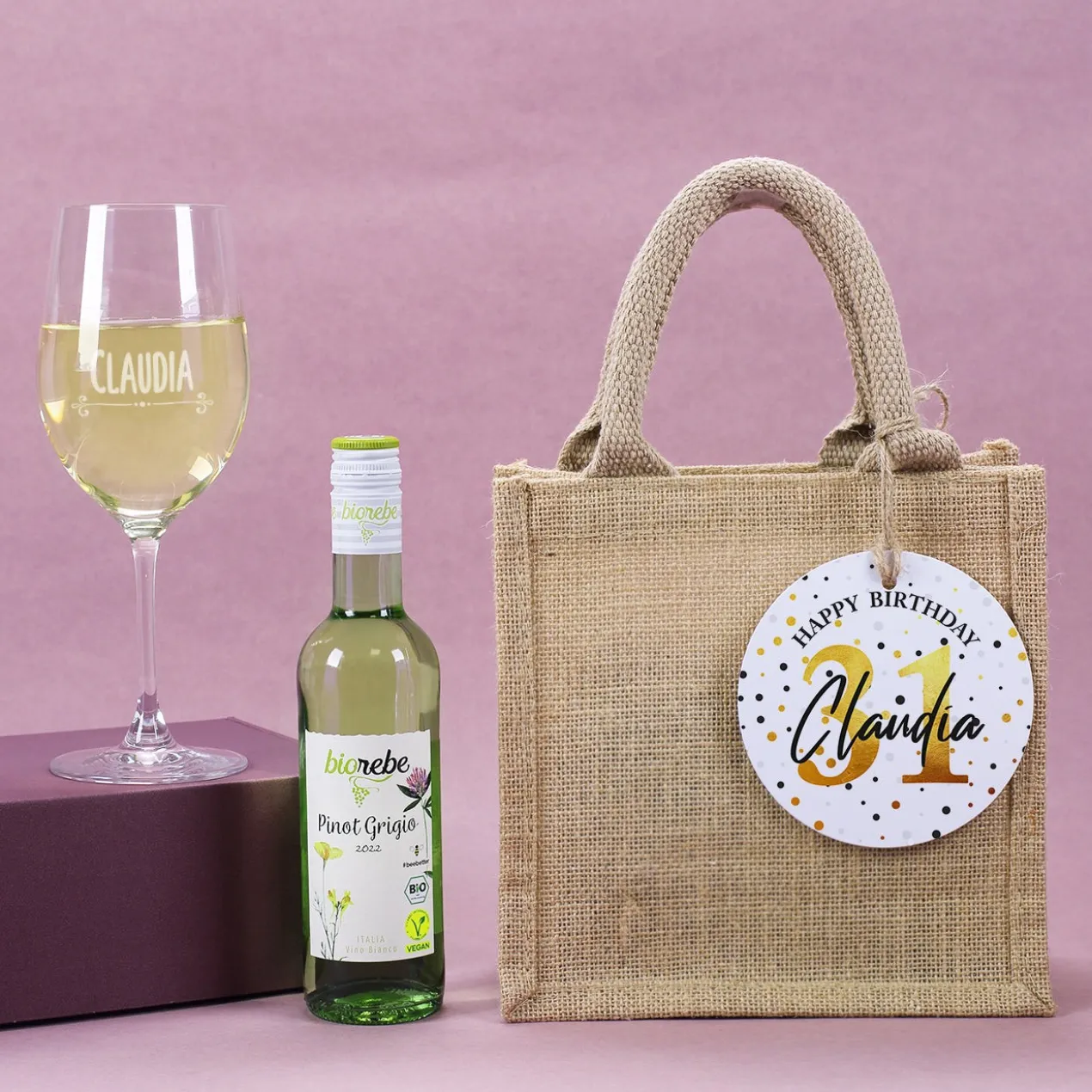 Wein Geschenkset zum Geburtstag mit Weinglas, Wein und Jutetüte