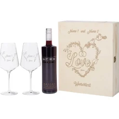 Wein Geschenkset zur Hochzeit mit personalisierter Holzbox und Weinglas mit Gravur
