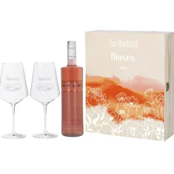 Wein-Geschenkset zur Hochzeit mit zwei gravierten Gläsern in einer persönlich gestalteten Holzbox