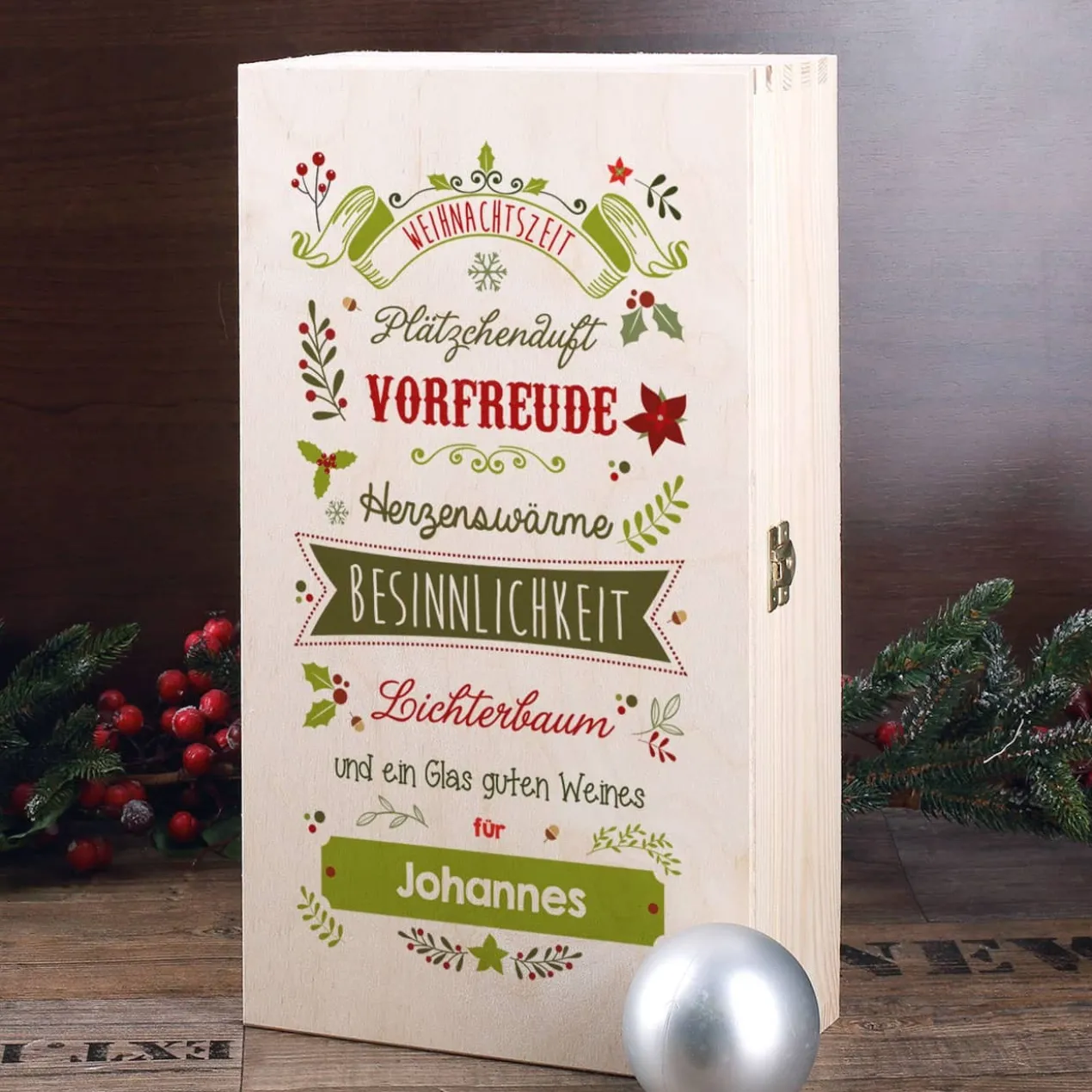 Wein - Geschenkset zu Weihnachten mit graviertem Weinglas und Flasche in bedruckter Holzbox