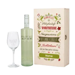 Wein - Geschenkset zu Weihnachten mit graviertem Weinglas und Flasche in bedruckter Holzbox
