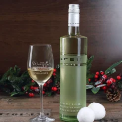 Wein - Geschenkset zu Weihnachten mit graviertem Weinglas und Flasche in bedruckter Holzbox