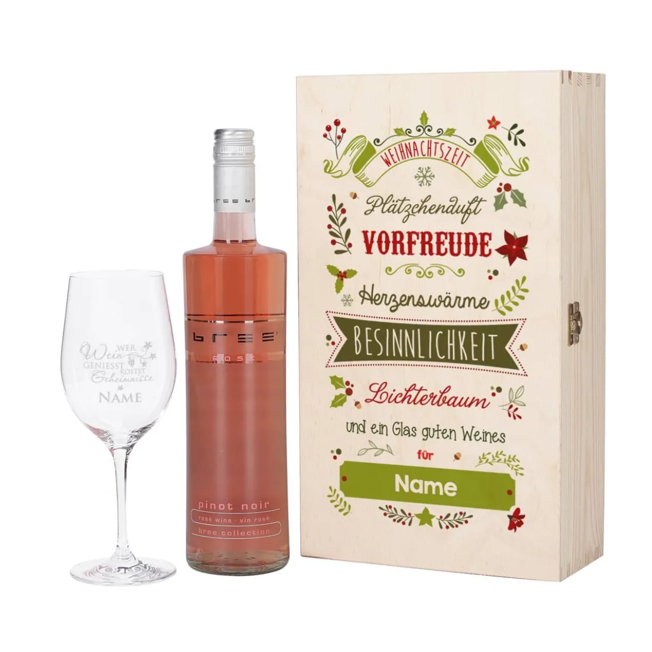 Wein - Geschenkset zu Weihnachten mit graviertem Weinglas und Flasche in bedruckter Holzbox