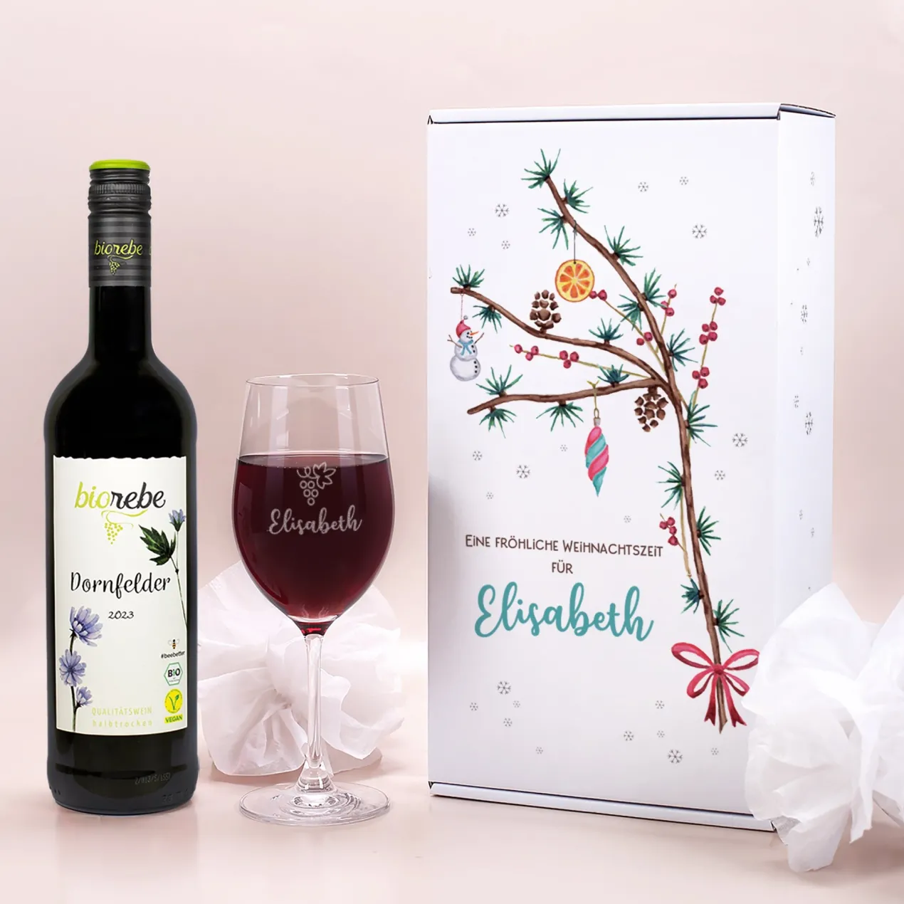 Wein-Geschenkset zu Weihnachten mit Biorebe Wein, Weinglas in festlicher Geschenkbox | 3 Sorten