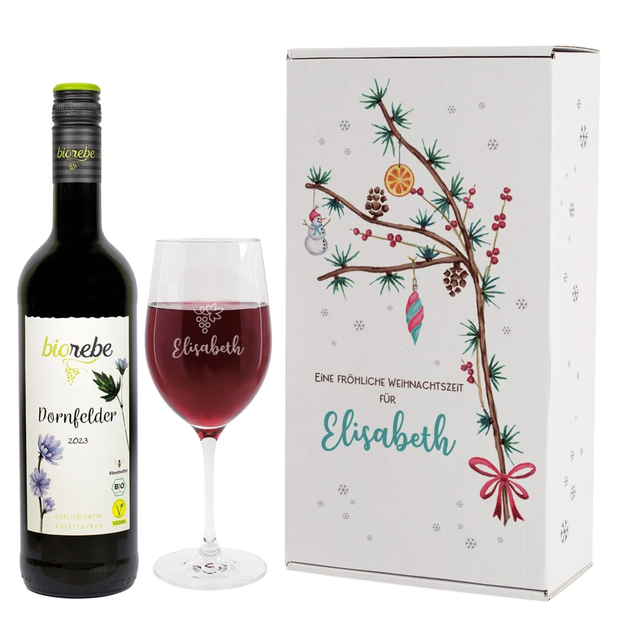 Wein-Geschenkset zu Weihnachten mit Biorebe Wein, Weinglas in festlicher Geschenkbox | 3 Sorten