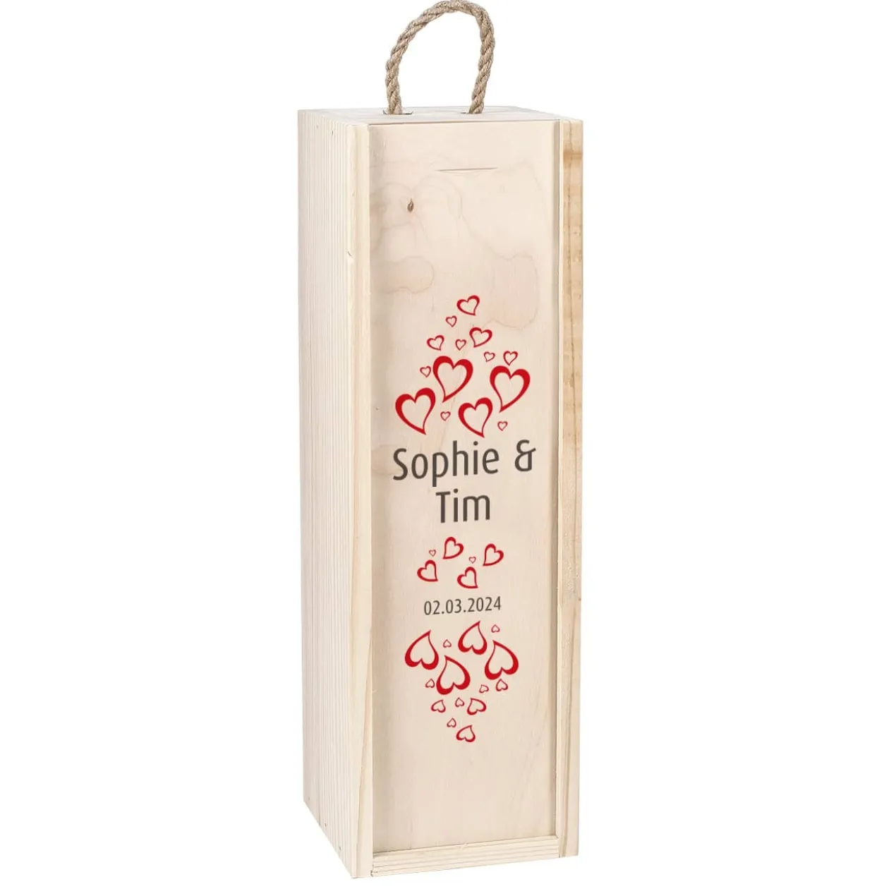 Wein-Geschenkverpackung aus Holz zur Hochzeit mit Herzen und Namen