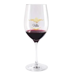 Weinglas bedruckt mit Weinreben, Ornamenten und Wunschname