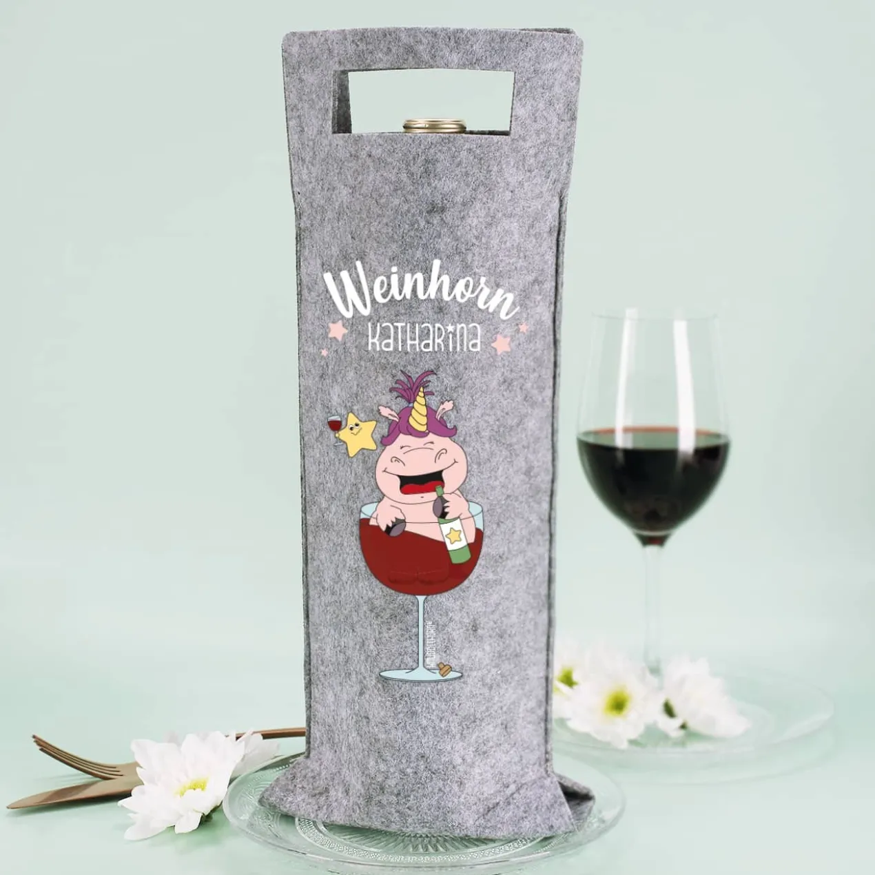 Weinhorn Flaschenbeutel aus Filz mit Knuddelhorn und Name