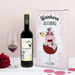 Weinhorn Geschenkset mit Weinglas und Biorebe Wein | Bienenfreundlich, Nachhaltig, Vegan