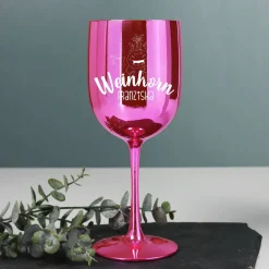Weinhorn - glänzender, pinker Weinkelch mit Knuddelhorn und Name