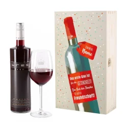 Weinset - Auf die Freundschaft - mit graviertem Glas in edler Holzverpackung