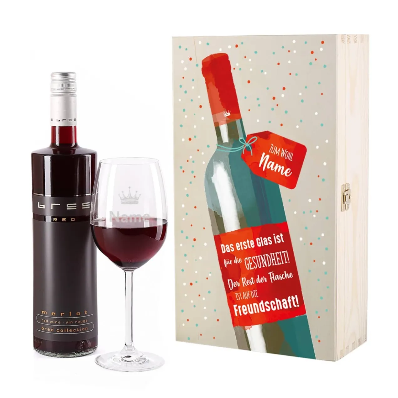 Weinset - Auf die Freundschaft - mit graviertem Glas in edler Holzverpackung