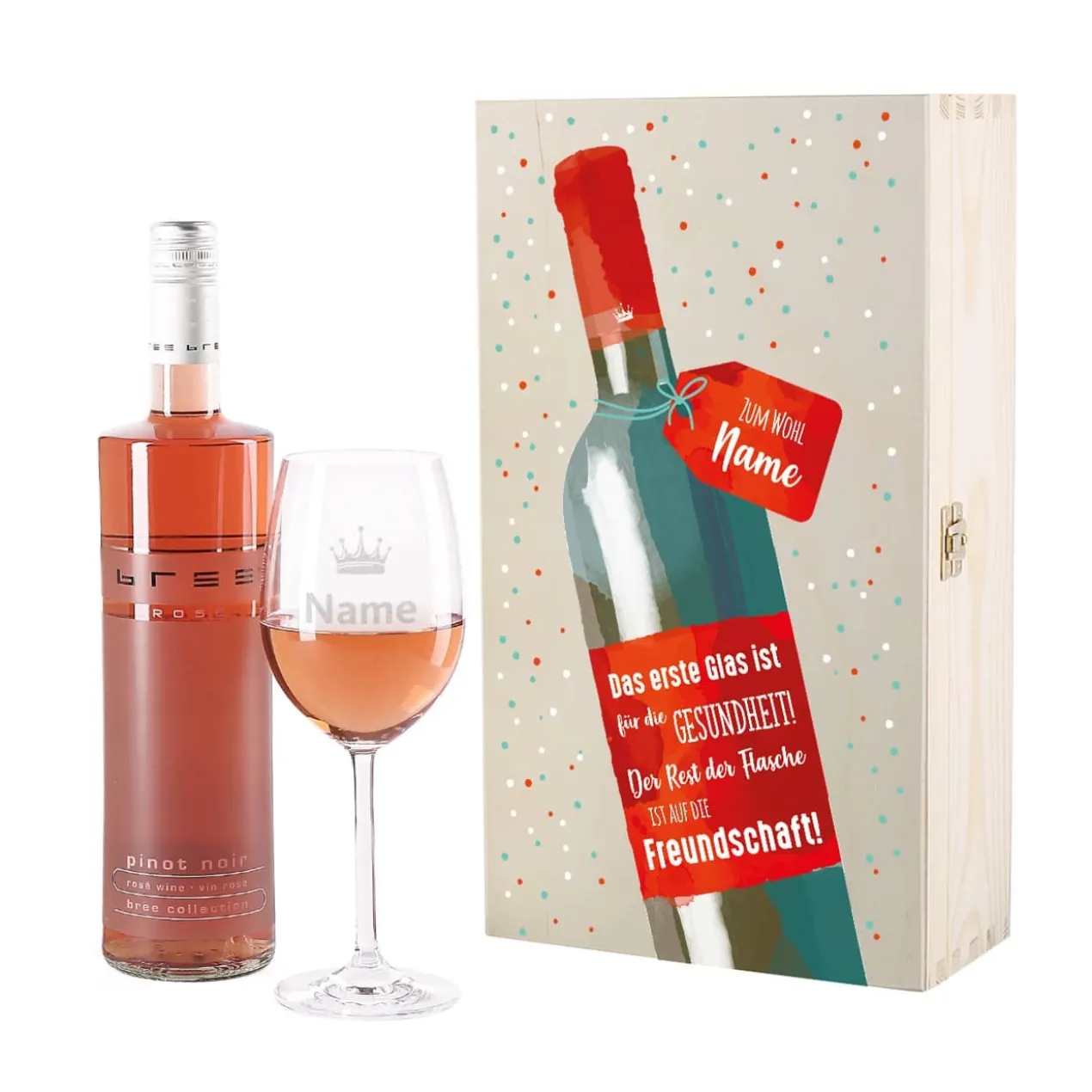 Weinset - Auf die Freundschaft - mit graviertem Glas in edler Holzverpackung