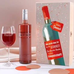 Weinset - Auf die Freundschaft - mit graviertem Glas in edler Holzverpackung