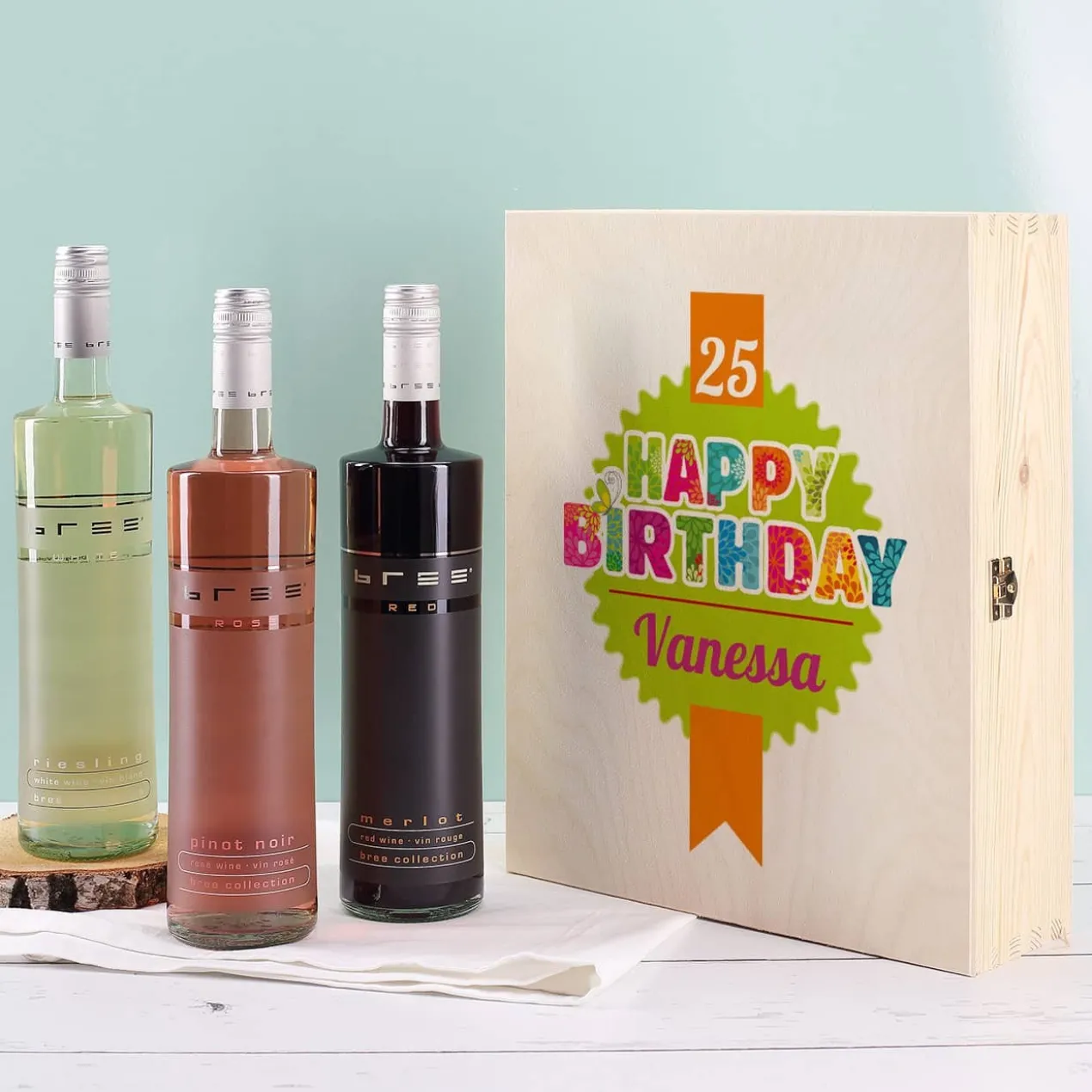 Weinset Happy Birthday in Holzbox mit Name und Alter
