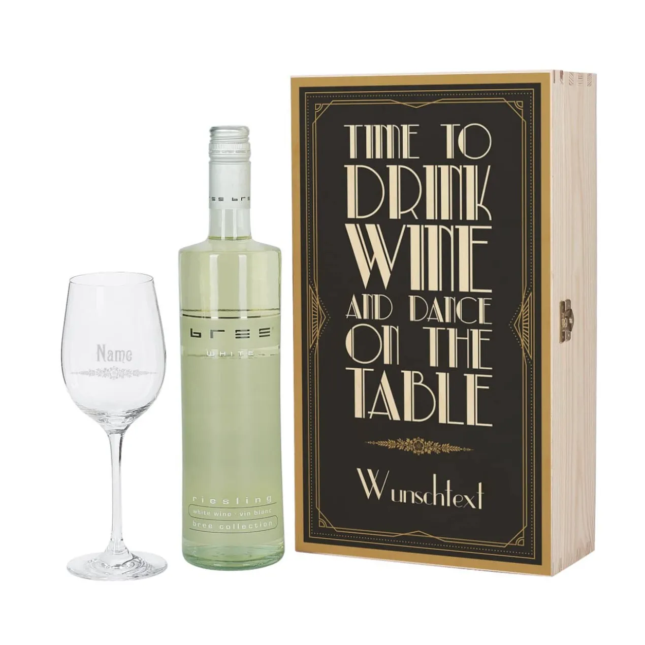 Weinset im Jugendstil mit Bree Weinflasche und graviertem Weinglas