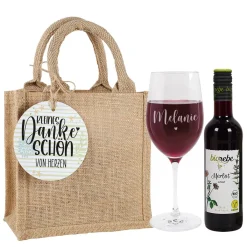 Weinset - Kleines Dankeschön - mit Weinglas, Wein und Verpackung