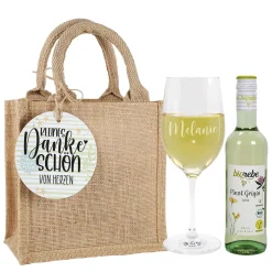 Weinset - Kleines Dankeschön - mit Weinglas, Wein und Verpackung