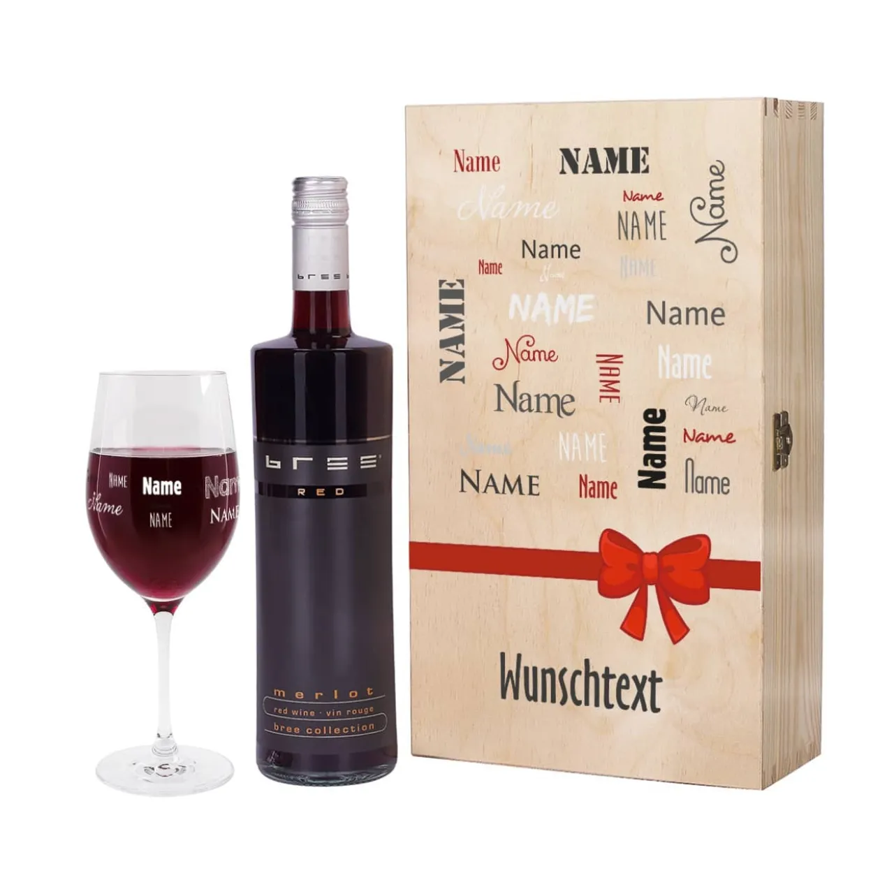 Wein-Set mit bedrucktem Glas in edler Holzverpackung