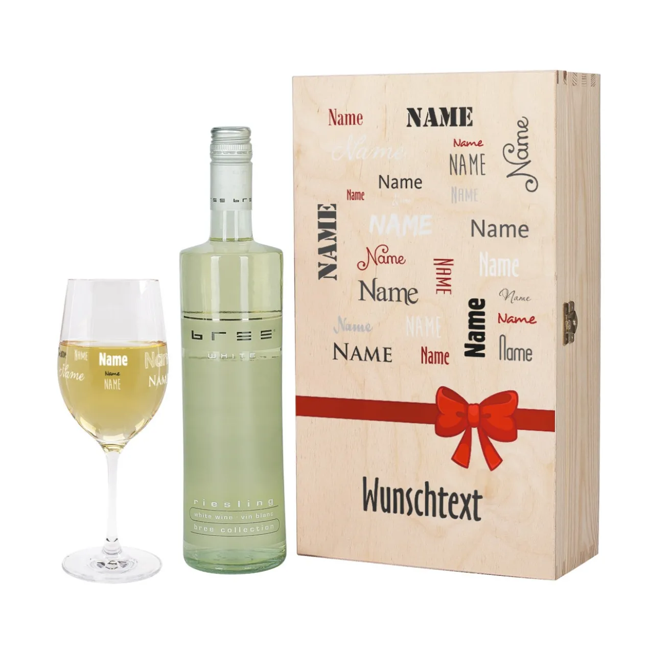 Wein-Set mit bedrucktem Glas in edler Holzverpackung