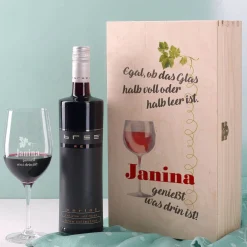 Wein-Set mit graviertem Glas - Egal, ob das Glas halb voll oder halb leer ist...
