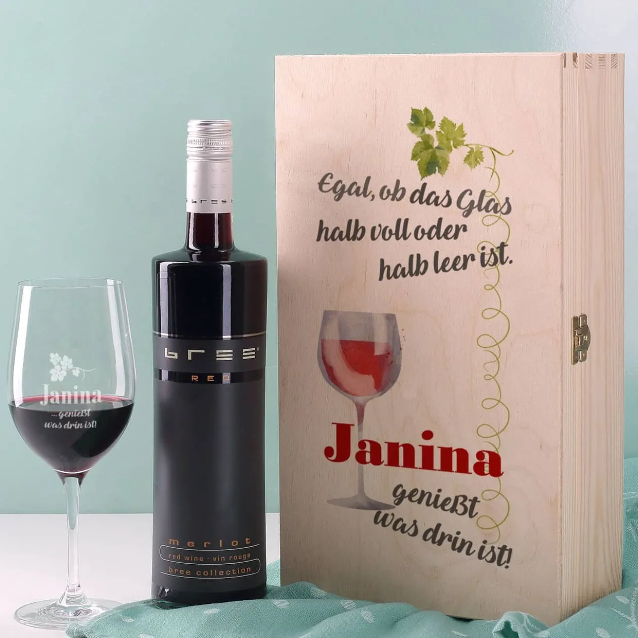 Wein-Set mit graviertem Glas - Egal, ob das Glas halb voll oder halb leer ist...