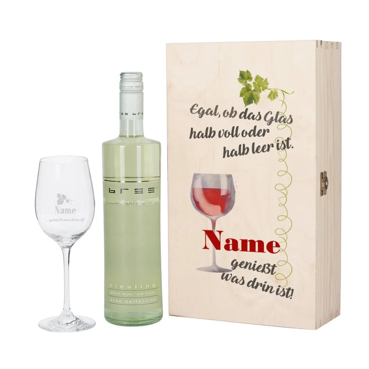 Wein-Set mit graviertem Glas - Egal, ob das Glas halb voll oder halb leer ist...