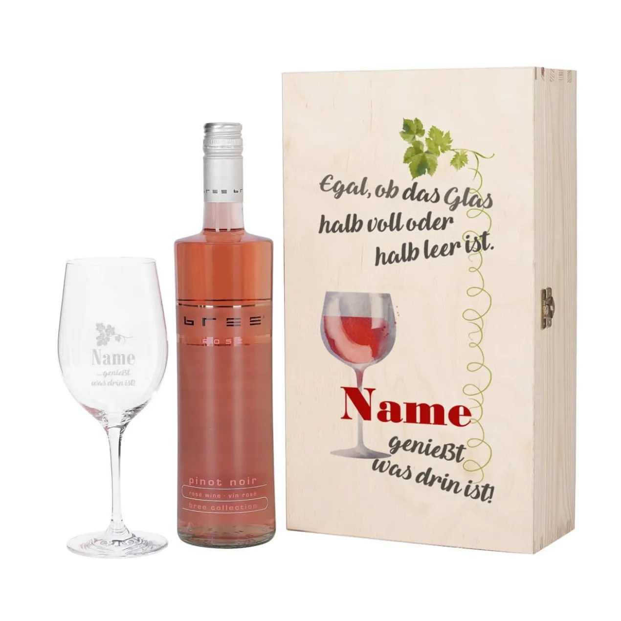 Wein-Set mit graviertem Glas - Egal, ob das Glas halb voll oder halb leer ist...