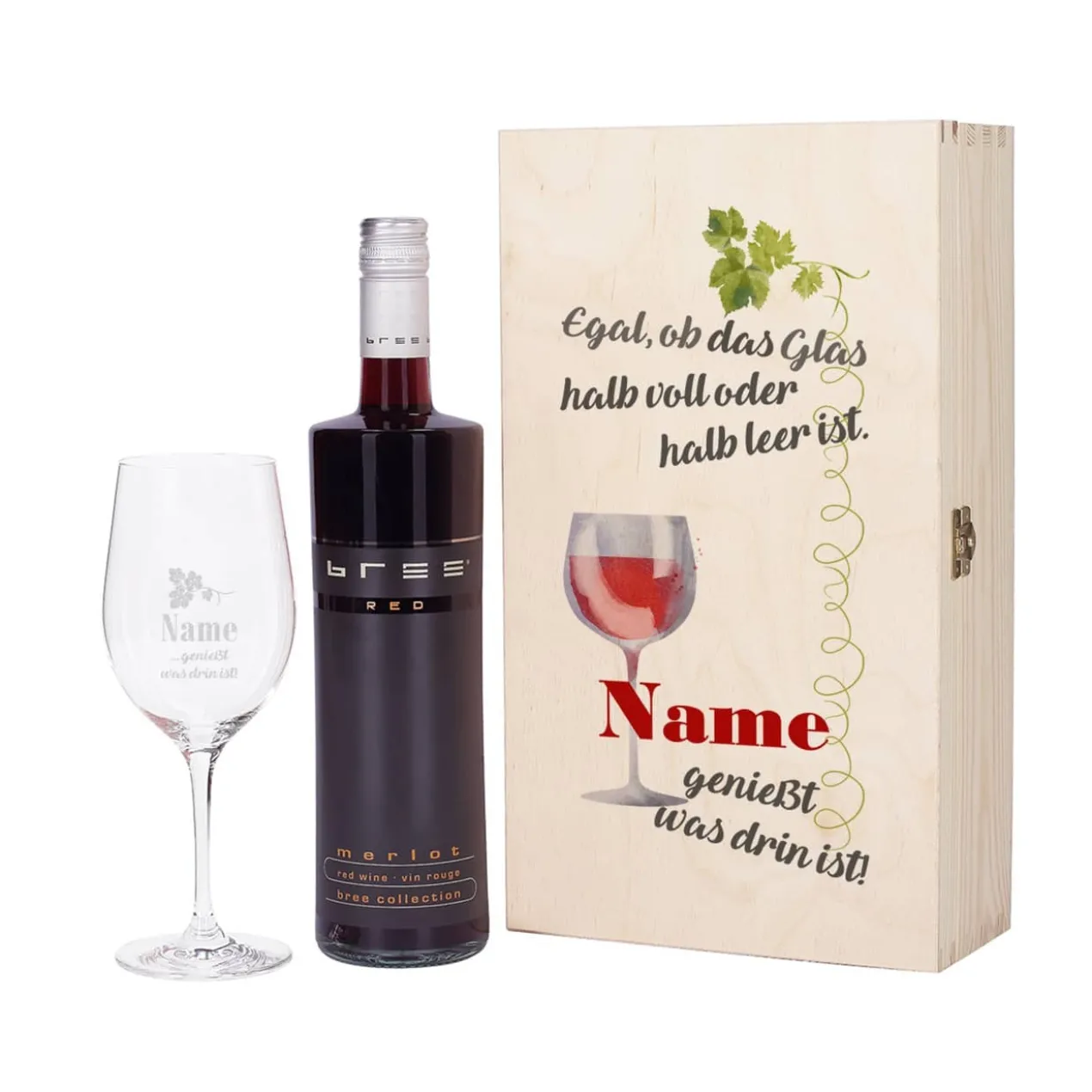 Wein-Set mit graviertem Glas - Egal, ob das Glas halb voll oder halb leer ist...